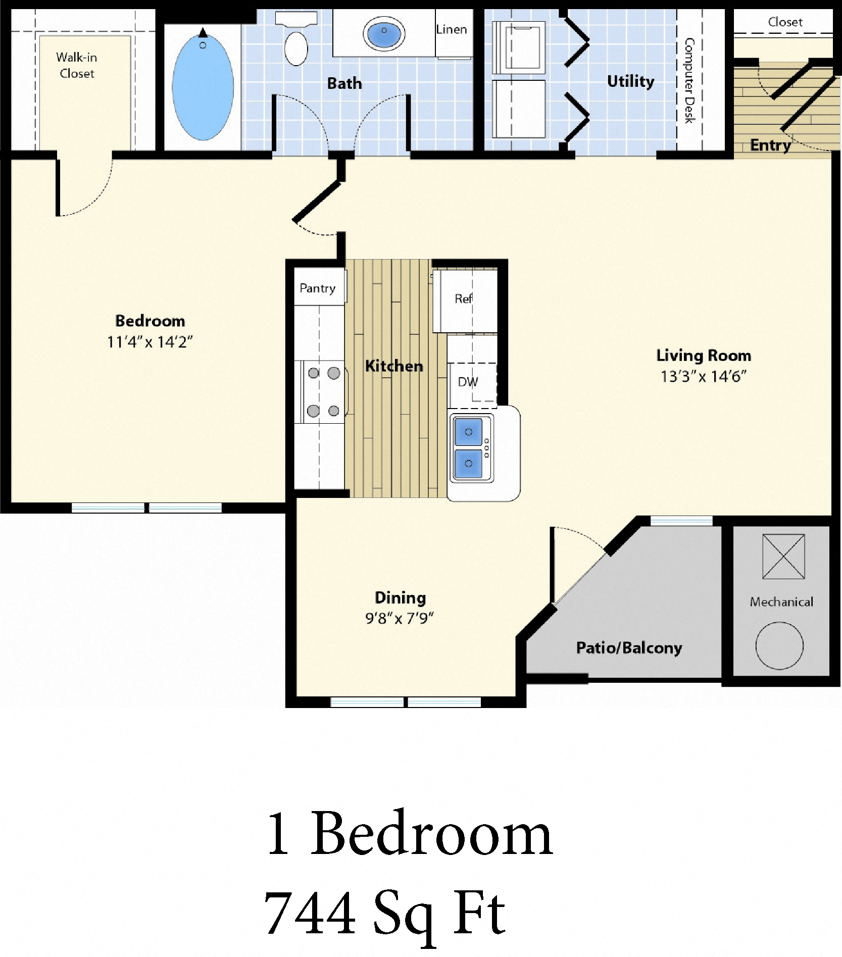 Floor plan for 1 bed, 1 bath, 744 sqft